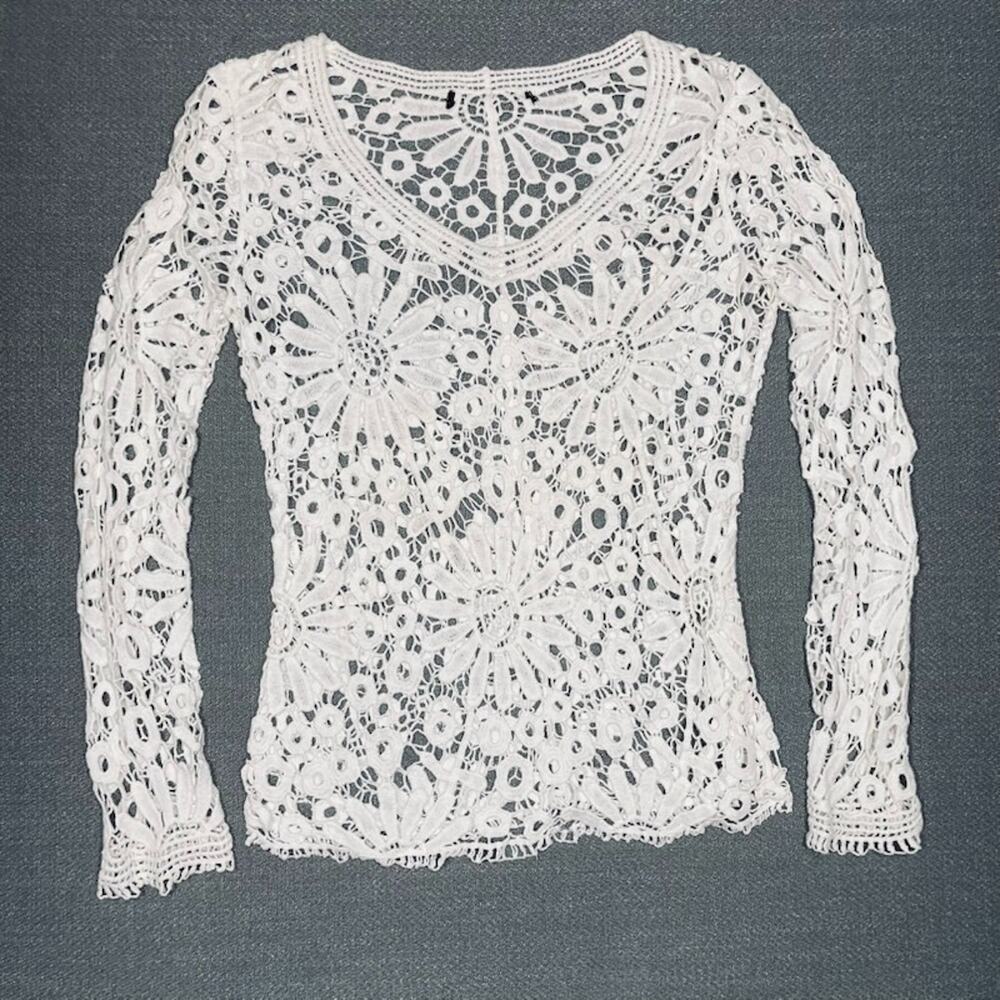 Women's Lace Crochet Floral White LS Overlay Top L Boho Cottagecore Festival
